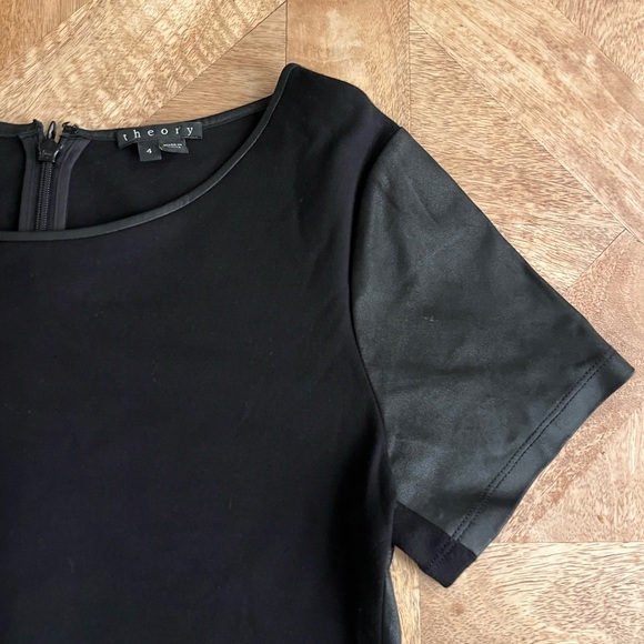 Theory Black Sheath Body Con Dress With Short Sleeves And Leather Details - Picture 3 of 9